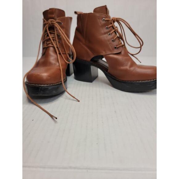 TopShop Booties Sz. 37 6.5 Chunky Heel Cutout Ankle Boots Leather Tan Lace Up - Picture 8 of 11